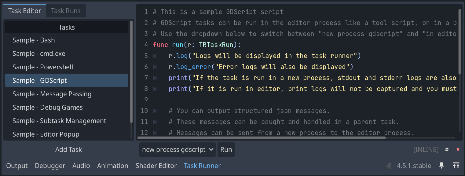 A screenshot of the Task Runner. Shows the “Task Editor” tab with a sample gdscript task select